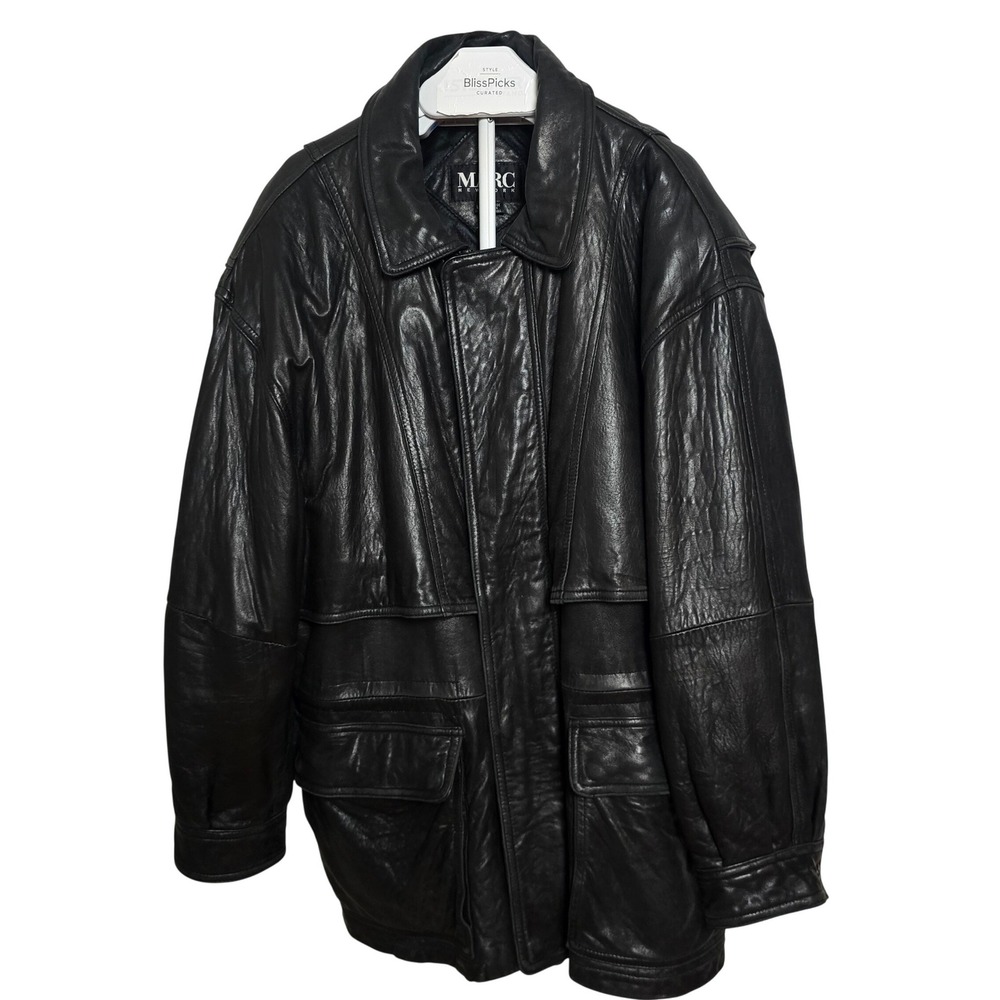 Marc New York Vtg 90s Black Leather Oversized Jacket L Heavy Dark Academia Lined